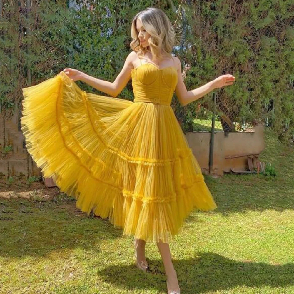 Angelsbridep Geel Tulle Prom Jurken Sweetheart Spaghettibandjes Nieuwe Ontwerp Thee Lengte Formele Partij Jassen Robe Soiree Femme