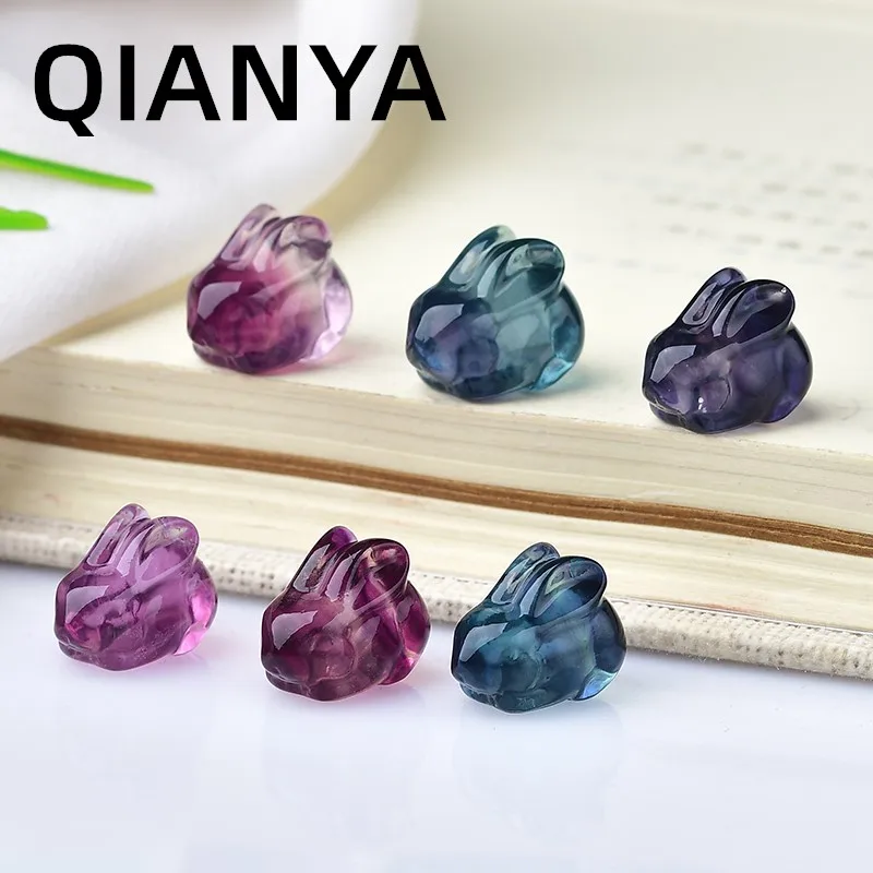 Cute Rabbit Natural Color Fluorite Crystal Quartz Gemstone Mini Animal Carving Stone Crafts Home Decor Jewelry Accessories Gift