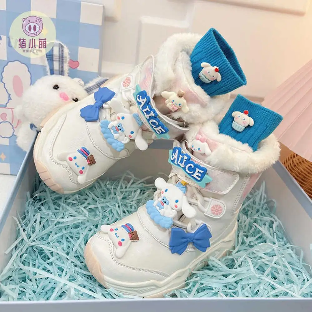 Cinnamoroll sepatu bot salju putih anak-anak Anime Sanrio sepatu bot pendek antiselip wajah kulit lucu bot Natal Anak perempuan tahan air hangat