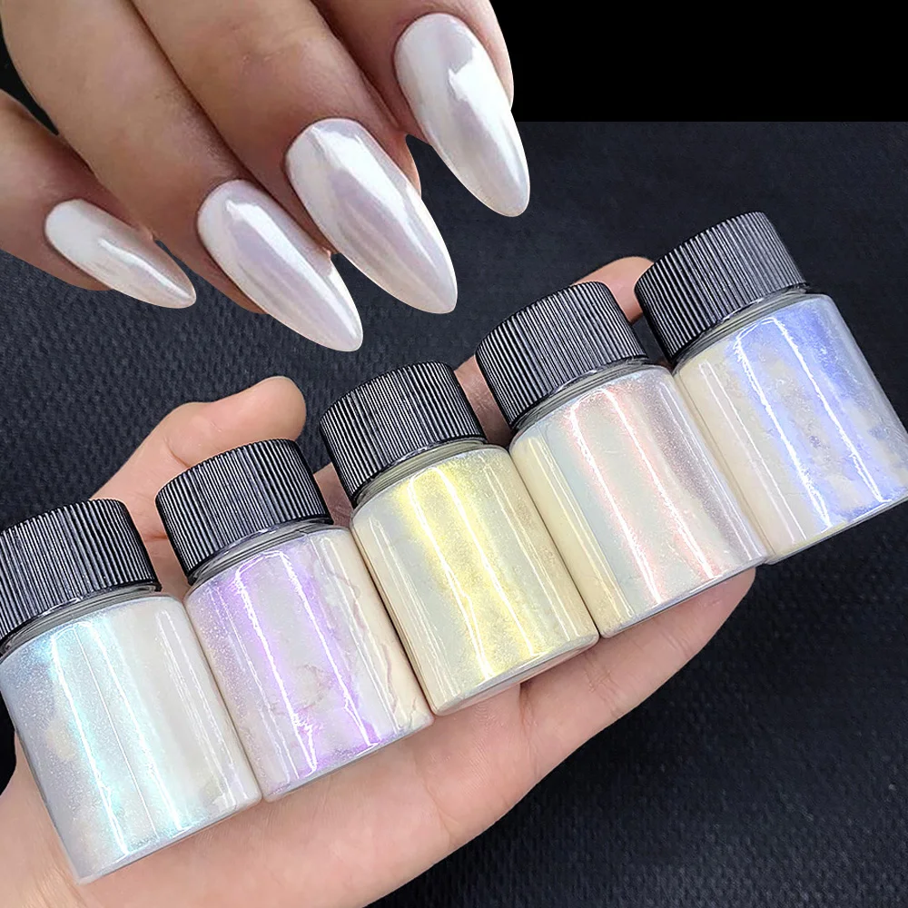 White Pearl Chrome Nail Powder Mirror Effect Aurora Magic Pearlescent Nail Glitter Pigment High Gloss Holographic Nail Powder 2#