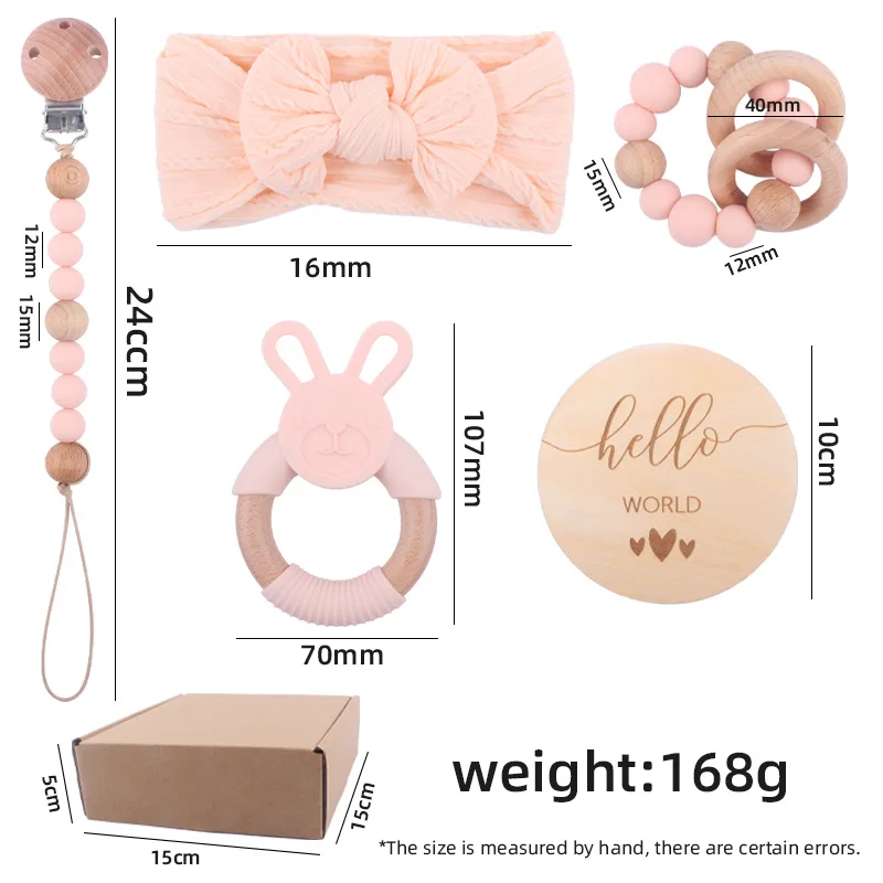 Baby Pacifier Chain for Toddler Infant Silicone Teether Toys Newborn Gifts Sets Baby Girls Hair Band Wooden Nipple Holder Sets