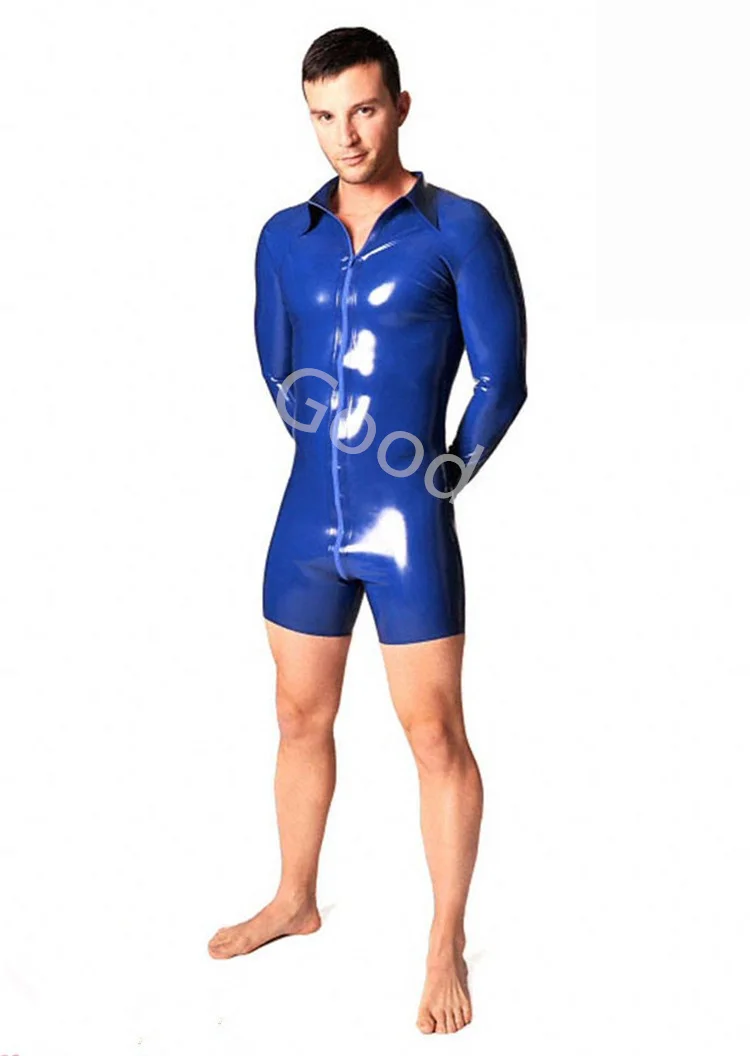 Sexy Long Sleeve Men Latex T-Shirt Turn-down Collar Rubber Catsuit Tight Clothing Fetish Jumpsuit Latex Bodysuit