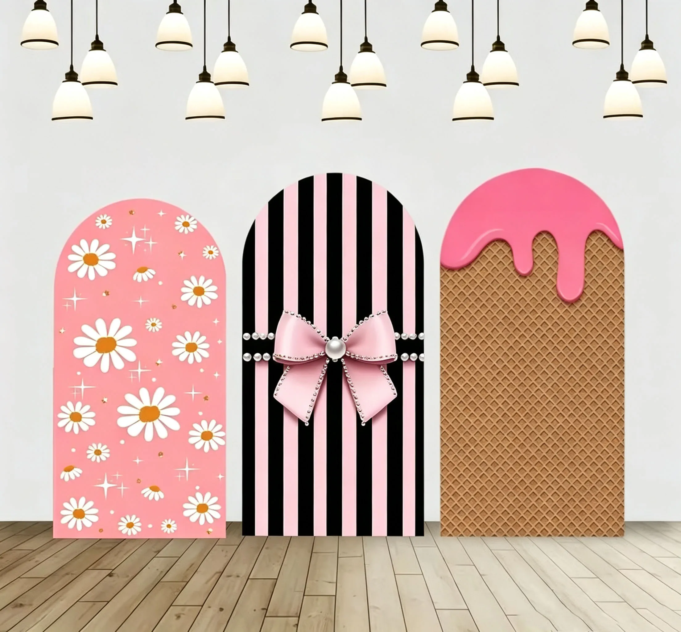 Custom 2-Side Pearl Bow Stripe Baby Shower Arch Backdrop Cover Daisy Ice Cream Diy Name Age Birthday Party Decor Backdrop Photo