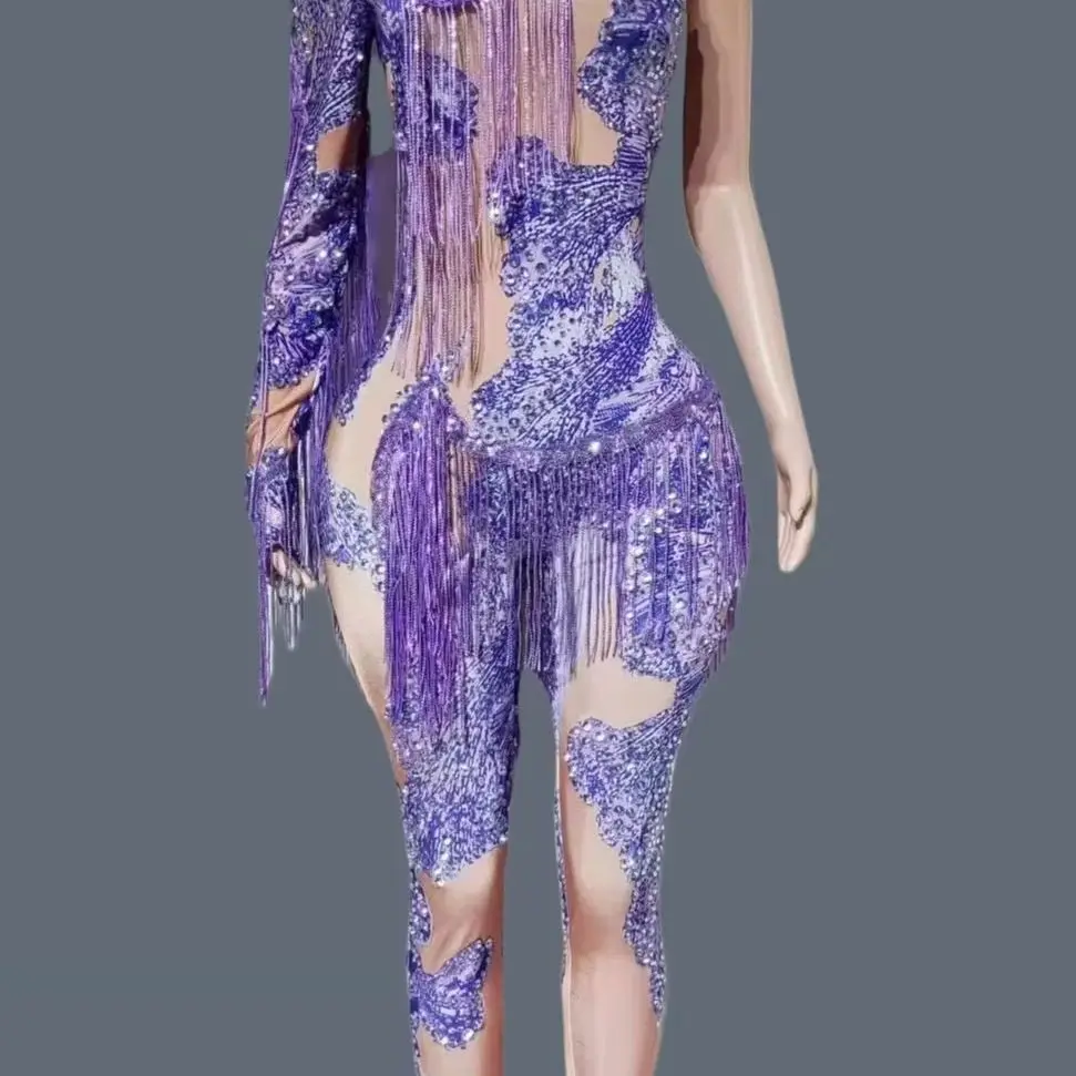 

One Sleeves Rhinestone Sequins Tassel Tight Fitting Jumpsuit Drag Queen Performer Dance Wear Streamer Party Outfit Duxiu