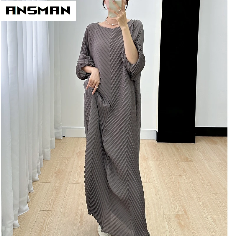 

Женское плиссированное платье миди Ansman Miyake, новинка сезона осень 2023, однотонное элегантное Свободное длинное платье с рукавом и круглым вырезом