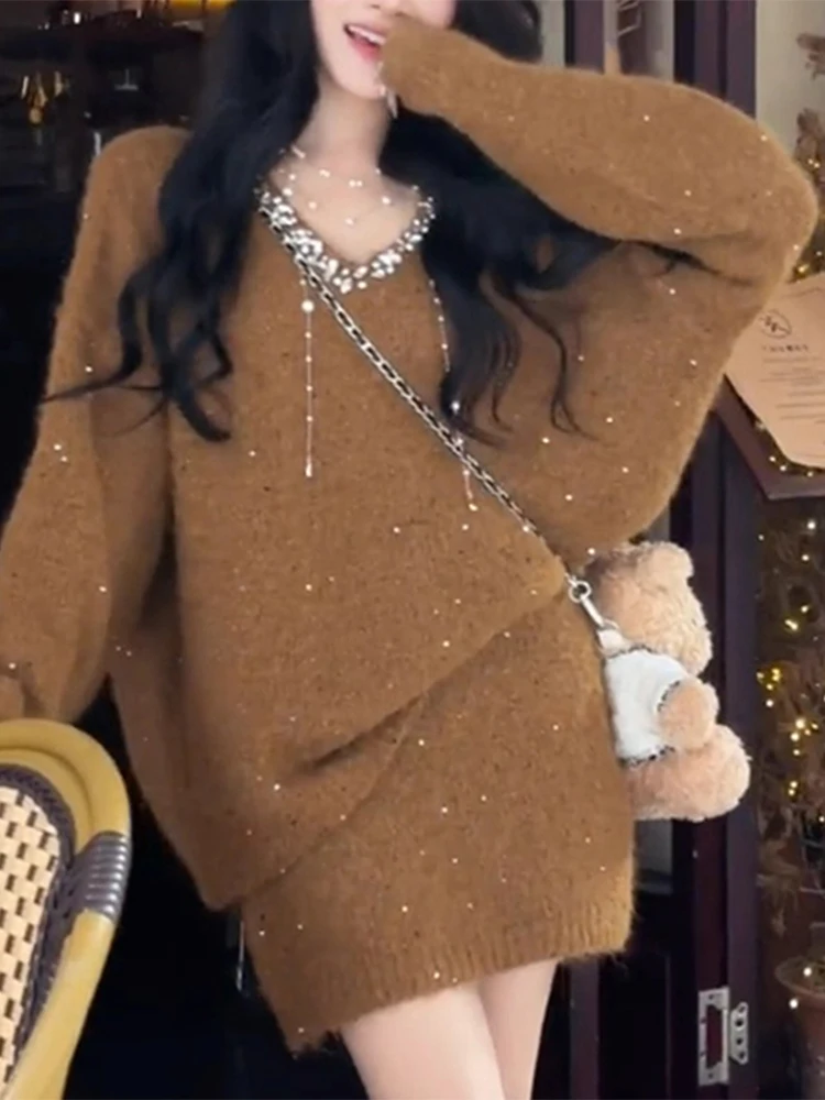 

Chic V-ne Knitted Set Women's Faion Autumn Winter Two-piece Outfit Bodycon ort Skirt Warm Long Sve Loose Fit Sle