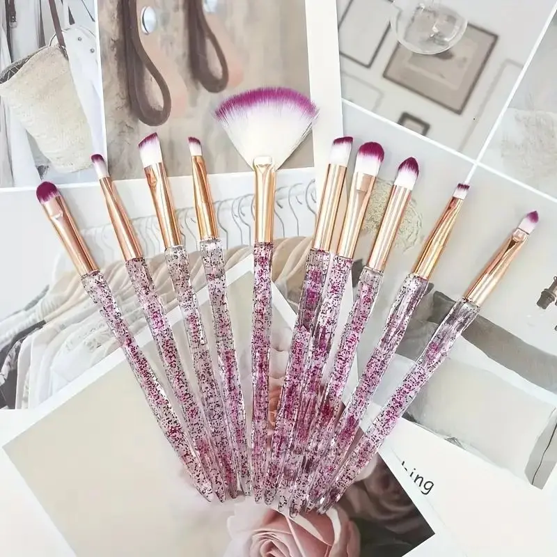 Conjunto de pincéis de maquiagem com alça de glitter elegante, 10 peças, mistura facial profissional, blush, sombra, delineador, pincéis cosméticos labiais