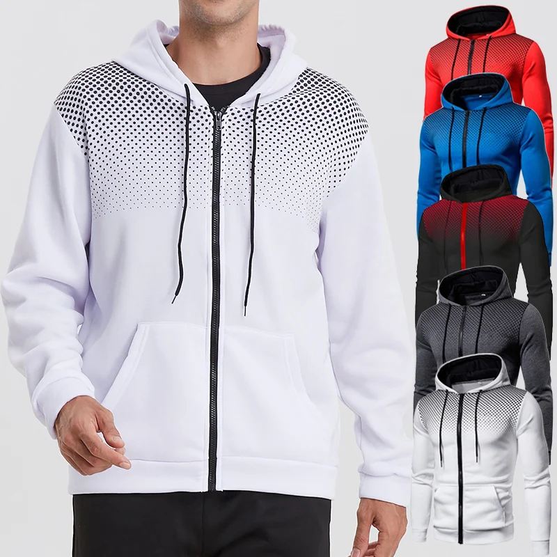 Men's Casual Polka Dot Printed Coats Jackets Outwear Tops Sports Athletic Zip Up Hoodies Hooded Sweatshirt with Kanga Pockets