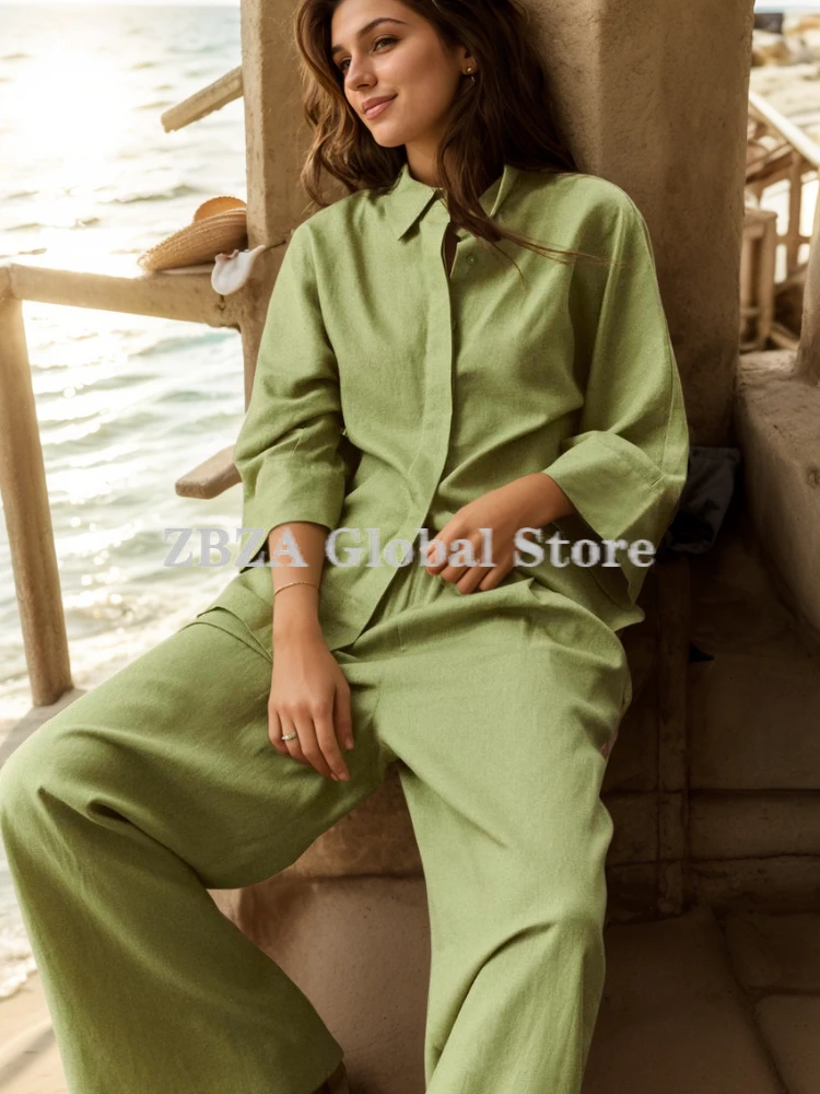 Women\'s Oversized Linen Shirt Pants Suit Lapel Collar Wide Sleeves Loose Blouse Elastic High Waist Wide Leg Pants New Female Set