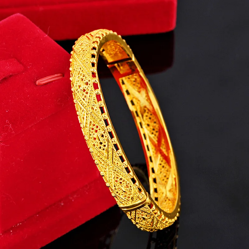 24k Real Gold Color Hollow Women\'s Bracelet Color-fastening Bohemian Style Yellow Gold Link Chain Bracelets Wedding Jewelry Gift