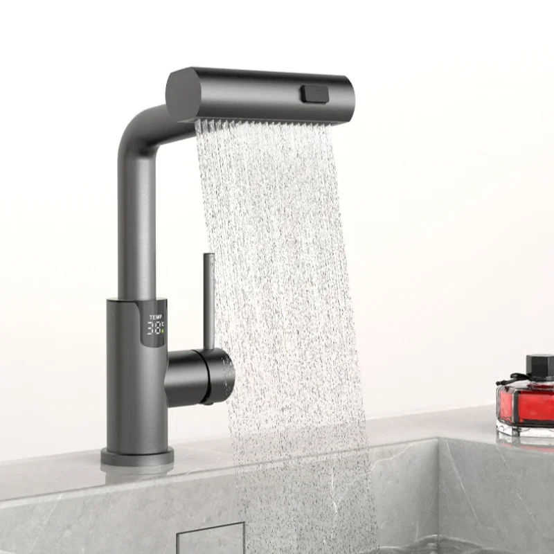 Waterfall Temperature Digital Display Basin Faucet Pull Out Stream Sprayer Hot Cold Water Sink Mixer Wash Tap For Bathroom