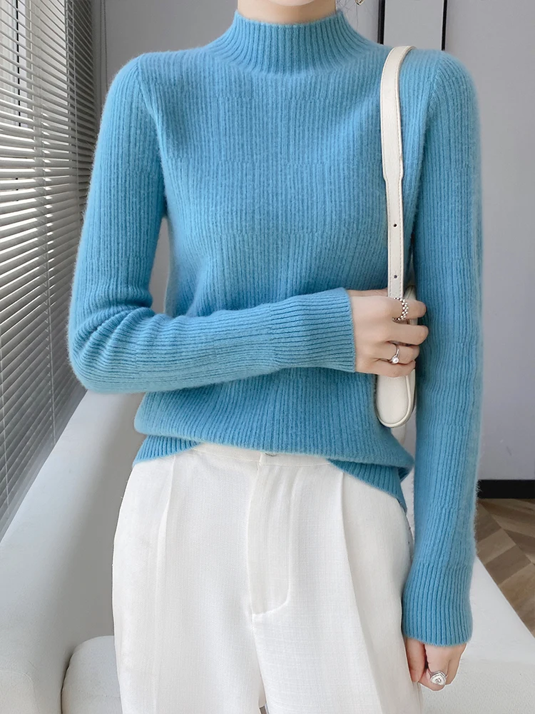 Confortável quente macio feminino mock neck pulôver 100% lã merino camisola de malha outono inverno feminino manga longa roupas topos