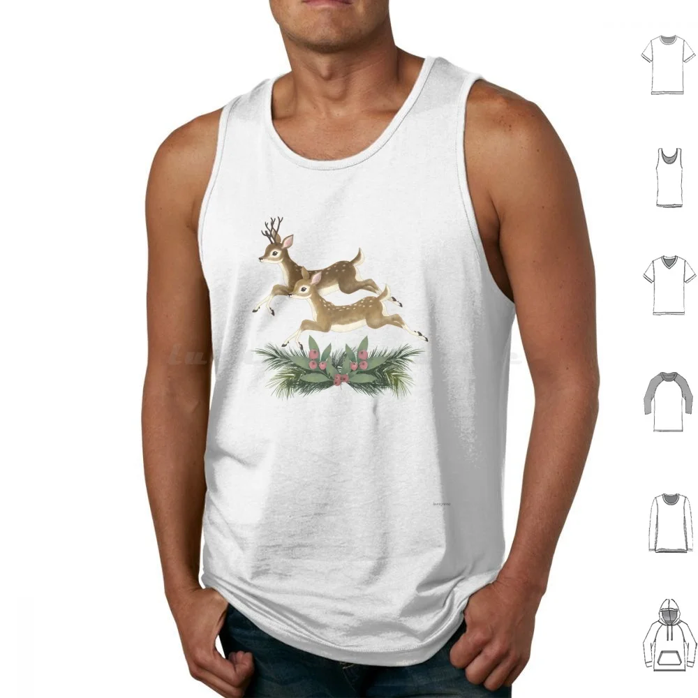 Winter Deer Repeat Pattern Tank Tops Print Cotton Winter Christmas Holiday Pattern Pink Rose Animals Spruce Trees