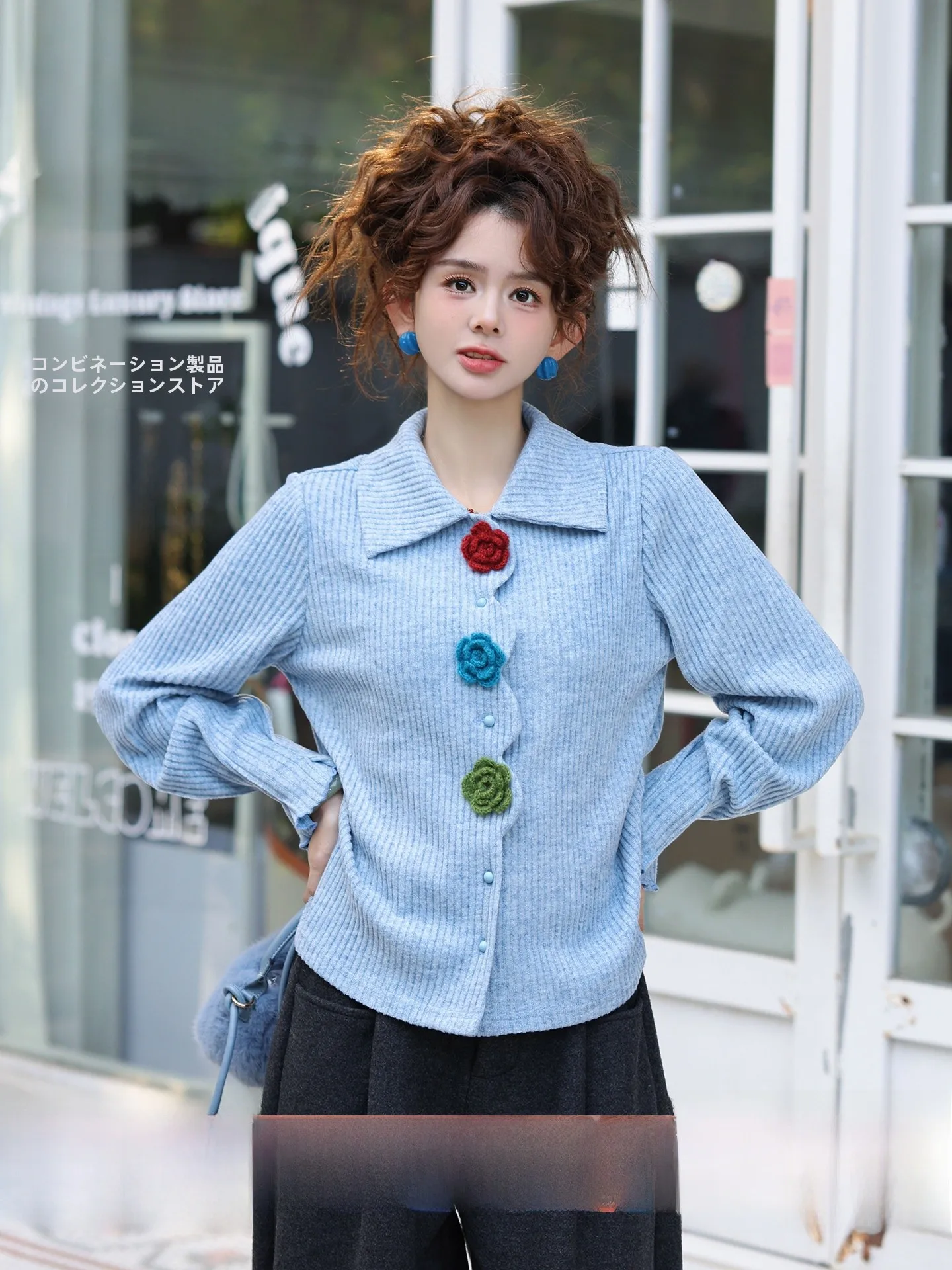 

Blue Thickened Long Sleeve Women's Shirt Chen Jiajie Static Meditation Retro Hong Kong Style Casual Loose Fit Polyester Cotto...