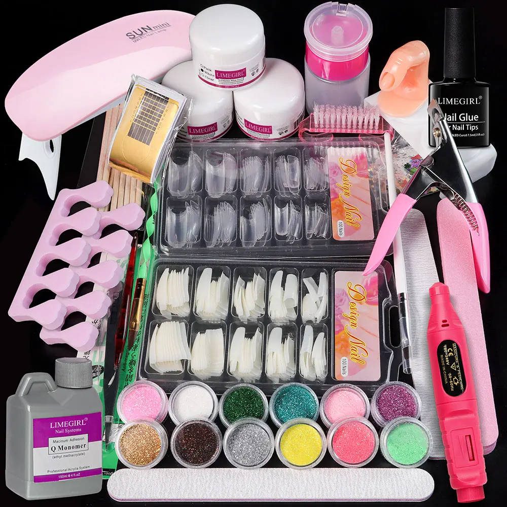 LIMEGIRL アクリルパウダー UVランプセット、マルチカラーアクリルネイルパウダー マニキュアアートデザイン用、ネイルアクリルパウダー＆ツールセット