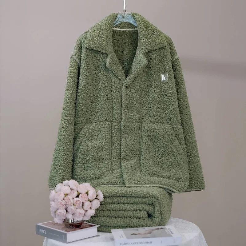 Men Plus Size Coral Fleece Pajama Set Loose Thick Fleece Home Loungewear Autumn Winter Wearable Sleepwear Two Piece Set