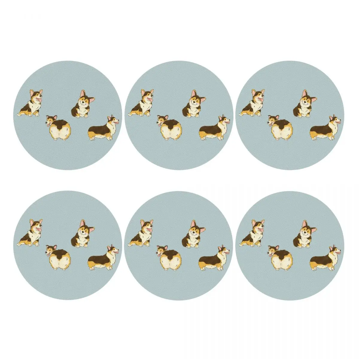 Tri Color Corgi Dog Coasters PVC Leather Placemats Waterproof Coffee Mats for Decor Home Dining Pads Set of 6