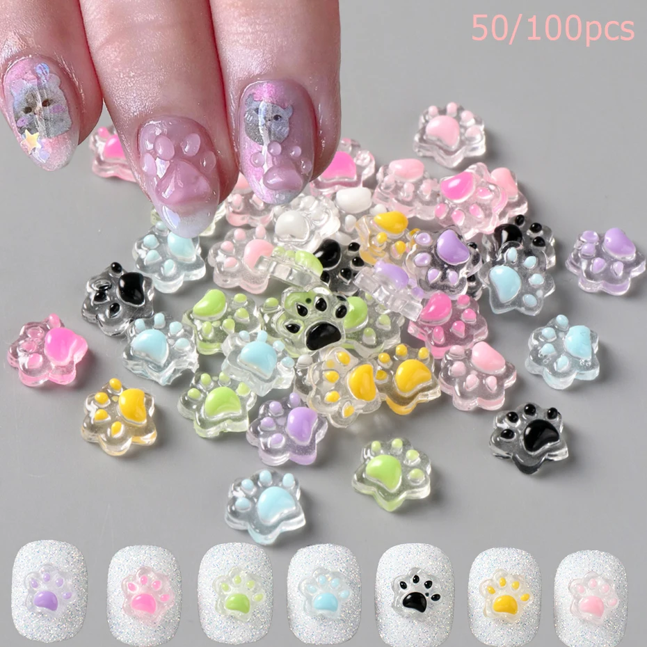 50/100pcs Mini Cat Paw Nail Charms, Kawaii Semi-Transparent Kitten Paws Resin Nail Art Accessories With glow-in-the-dark effect