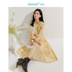 INMAN 2024 autumnwinter Temperament women's Dress agaric laces stand collar long sleeve thin long skirt