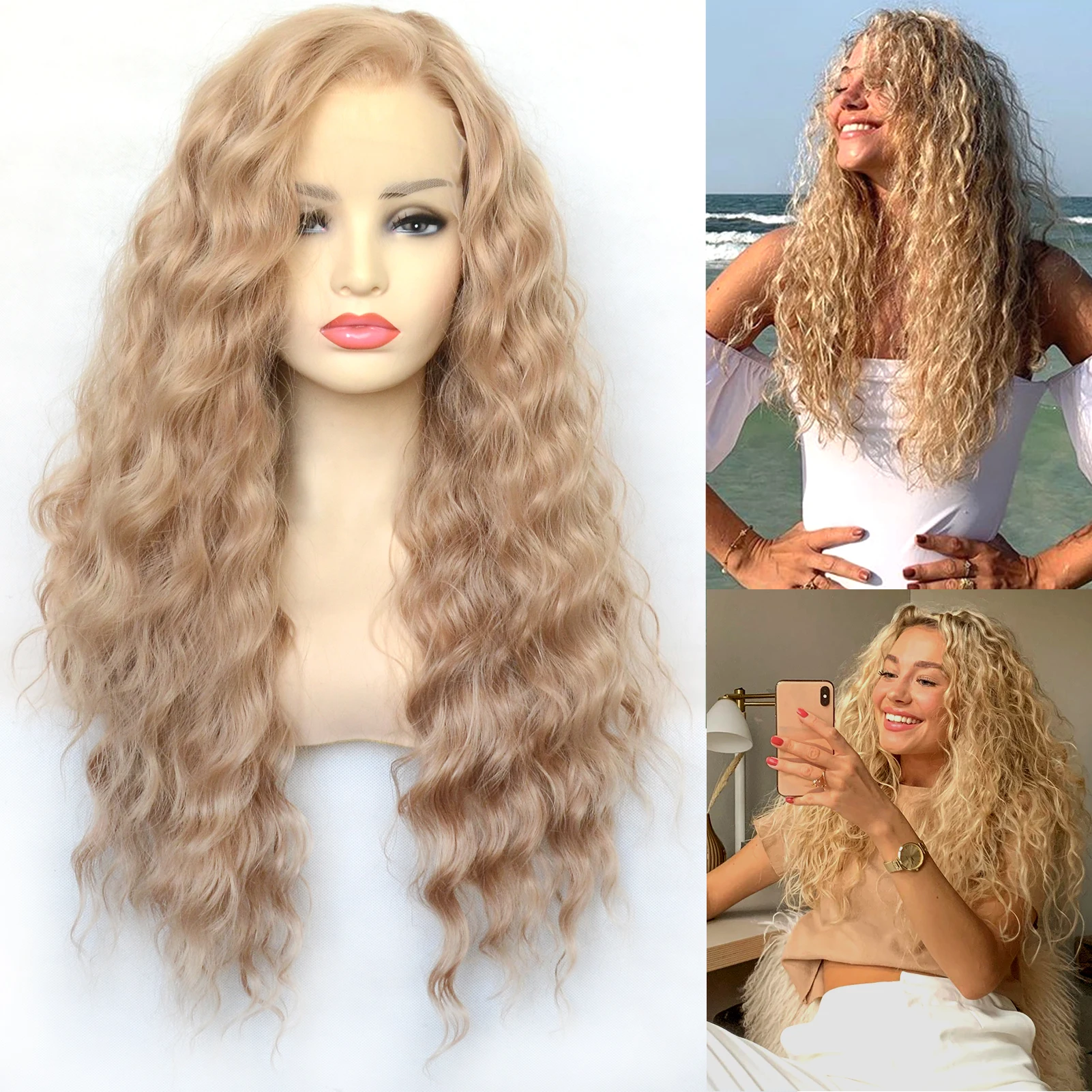 Vogue-Honey Blonde perucas encaracoladas sintéticas para mulheres, parte dianteira do laço, fibra resistente ao calor, linha fina natural, cosplay,