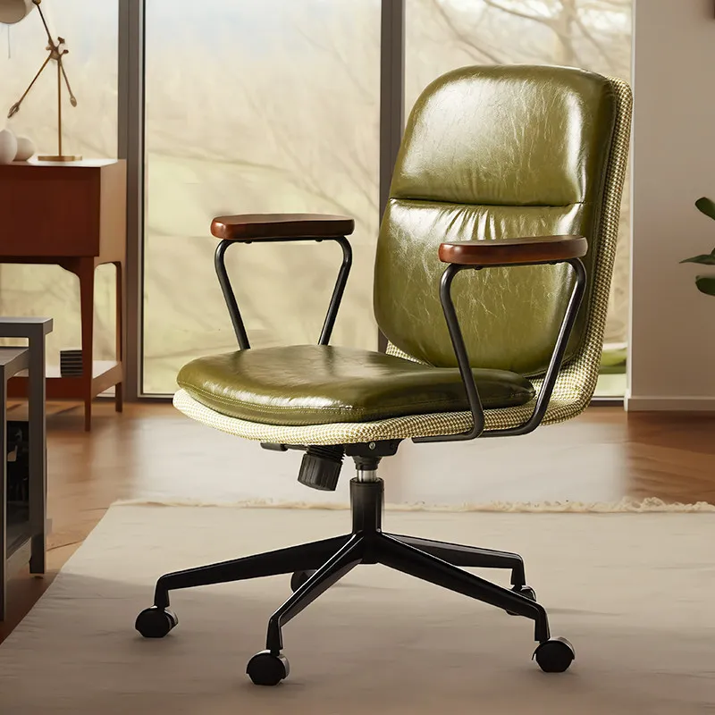 Genuine Leather Computer Chair Business Office Comfortable Adjustable Backrest Retro Lift Swivel Chair Home Single Sofa