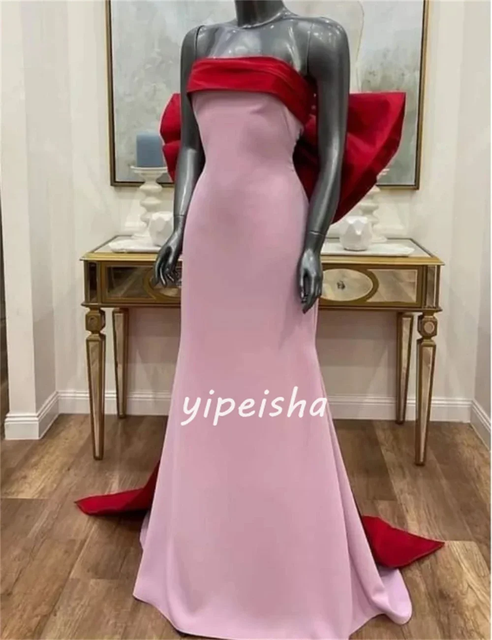 Customized Modern Style Exquisite Jersey Pleat Ruched Bow A-line Strapless Long Dresses Evening Dresses Casual Classic Simple Hi