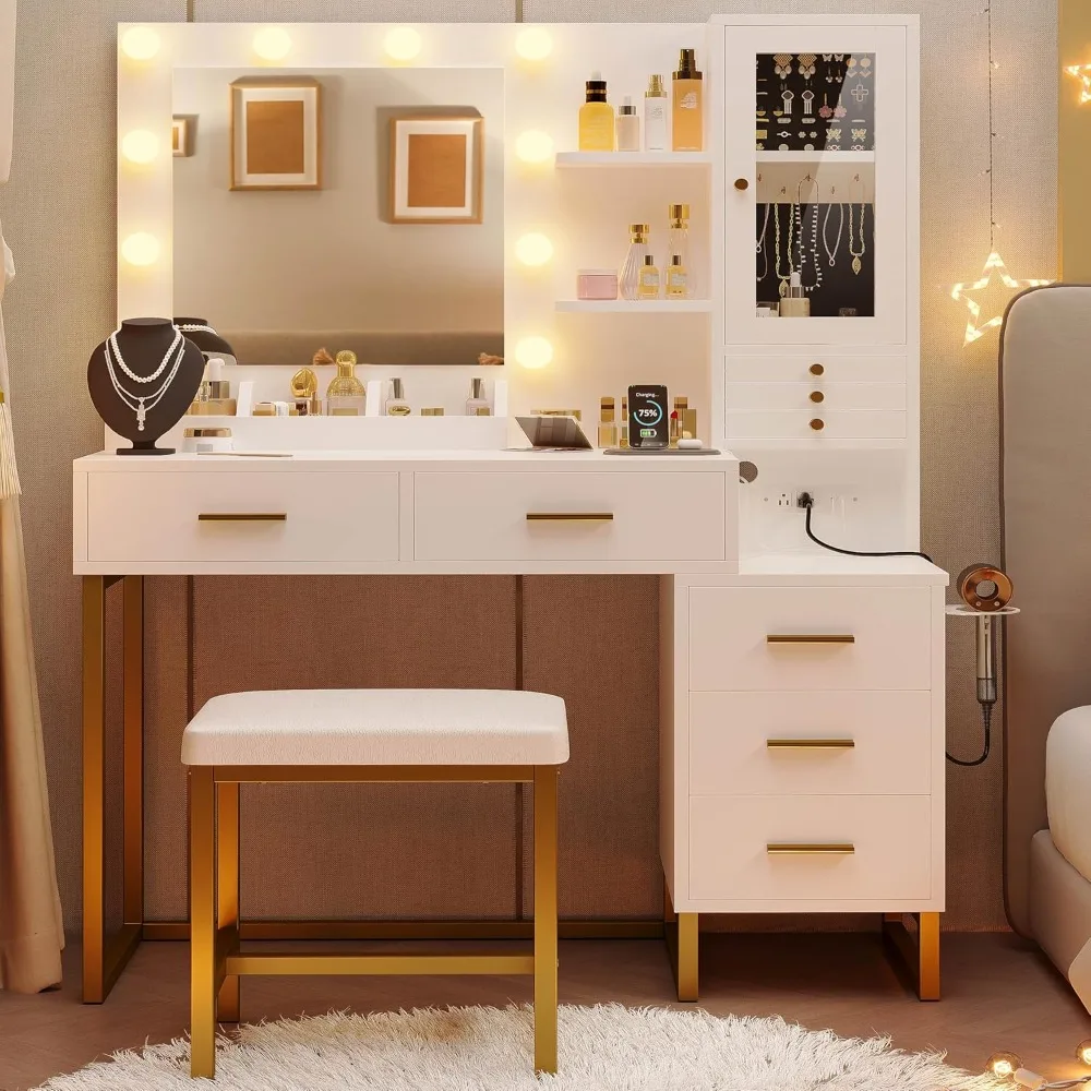 

Dressing Table with Mirror and Light, Dressing Table with 5 Drawers and Shelves, Power Outlet, Dressing Stool