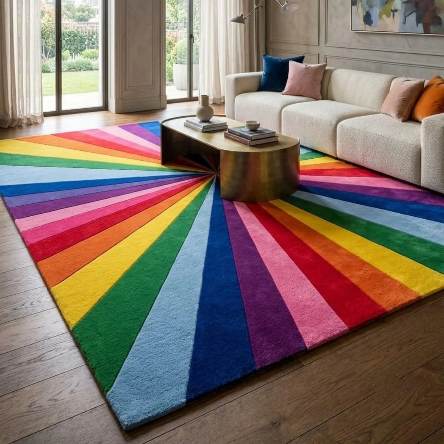 Room Decor Rug  H1andtufted Rainbow Sunburst Area Rug  Dopamine Pop Art Maximalist DE1cor