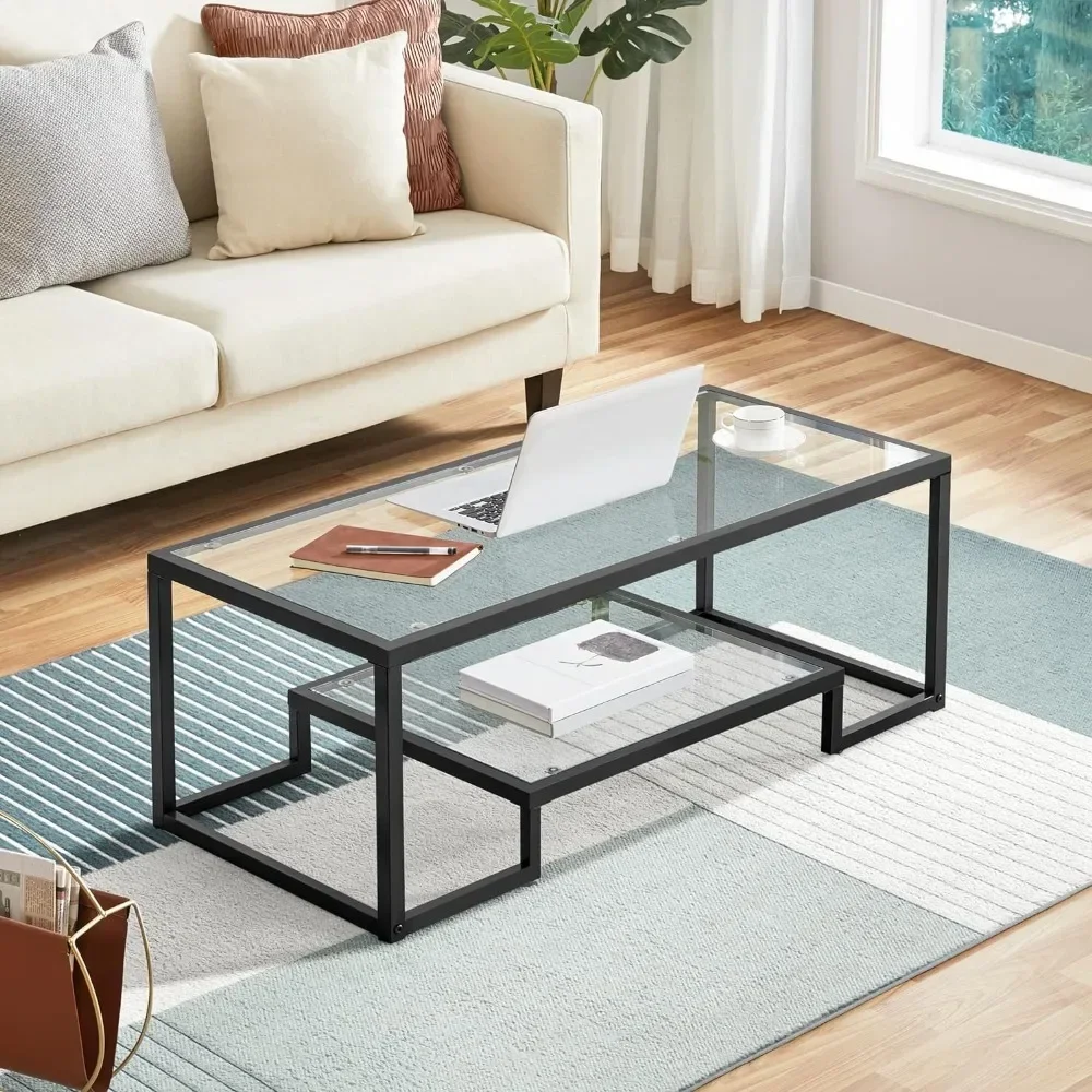 

#For Coffee Table, 42" Rectangular Glass Coffee Table for Living Room, 2-Tier Center Tea Table with Metal Frame, Clear Coffee Ta
