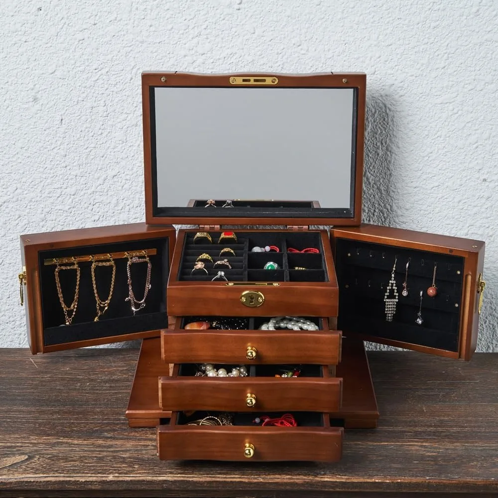 

Wooden Jewelry Box for Women, Solid Wood Jewelry Organizer with Mirror and 3-Drawer, Ring,Necklace