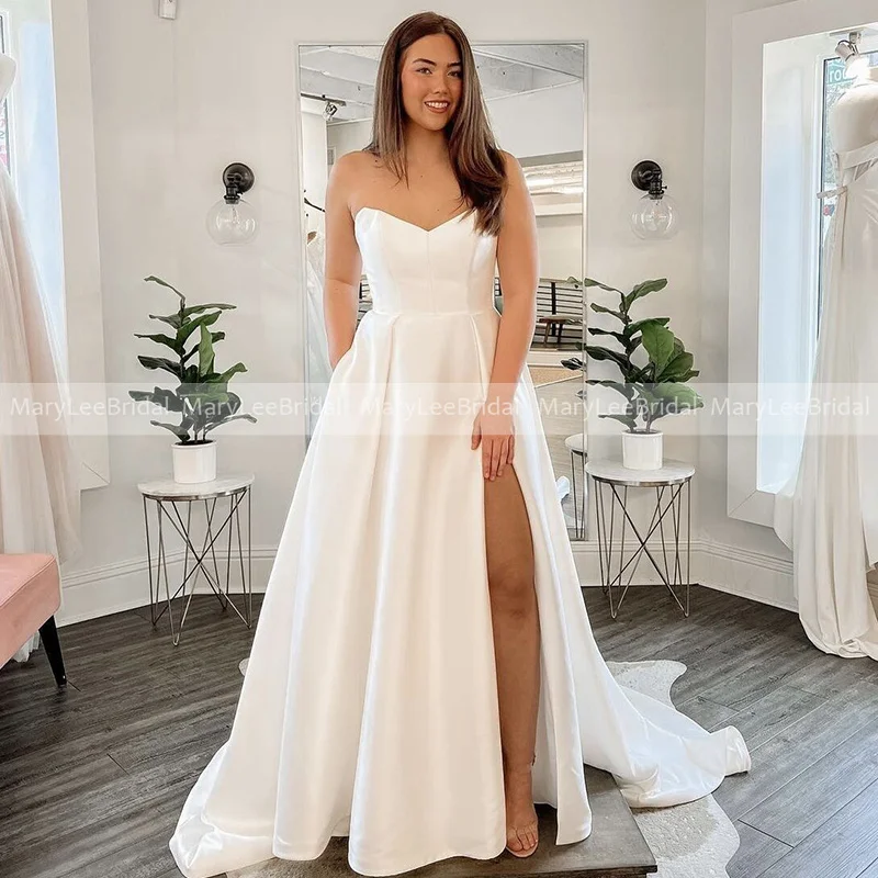 Vestidos de novia de satén con corte en A para mujer, vestidos de novia de talla grande con abertura frontal alta, vestido de novia blanco marfil hecho a medida