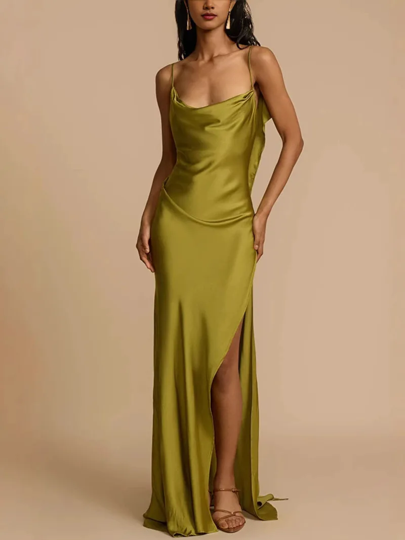 Elegant Green Satin Ruffles Sling Long Dress Women Sexy Backless Sleeveless Split Slim Dresses Lady 2025 Party Club Vestidos 1I8