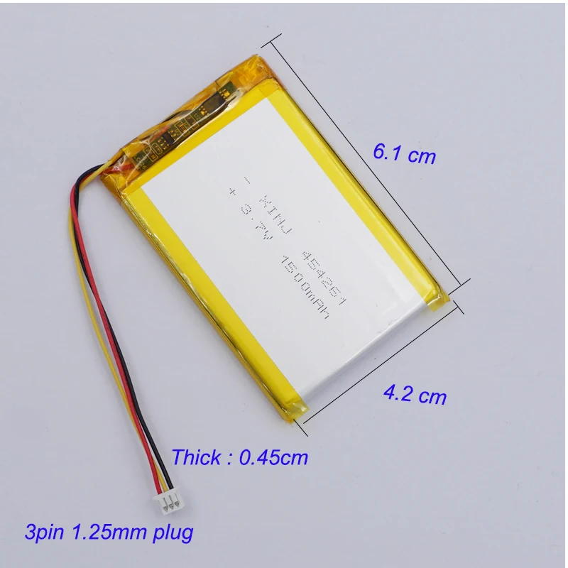 3.7V 1500mAh 5.55Wh JST 3Pin 1.25mm Li-Polymer NTC Thermistor Replacement Li Lipo Battery 454261 For GPS Camera LED