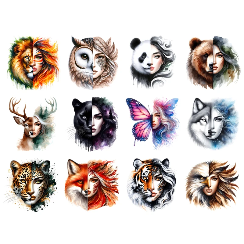 

Yin Yang face girl Stickers DIY Iron-On Transfers Patches For Clothing animal fox bear Heat Transfer Thermal For Clothes Print