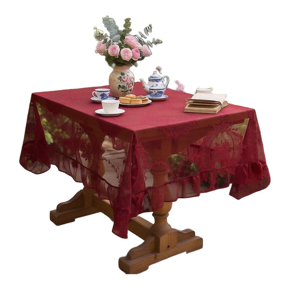 Translucent Floral Lace Tablecloth with Gentle Ruffle Hem Heat Resistant Mesh for Table For Decoration 140 240CM