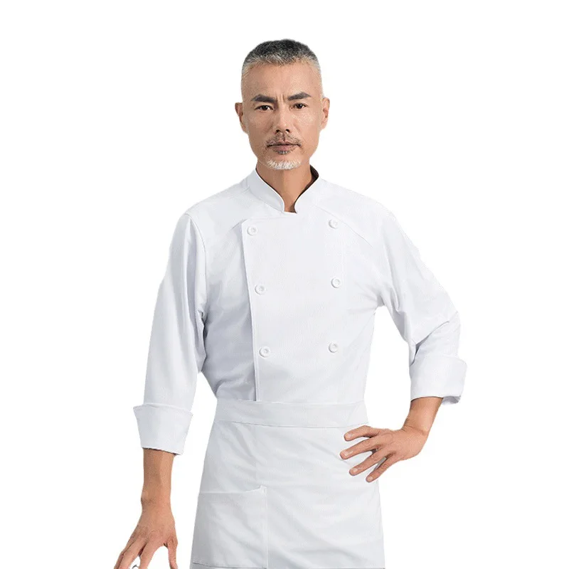High-End Chef Overalls Long-Sleeved Hotel Cooking School Pure White Double Row Rear Kitchen Clothes Dining Canteen Autumn and Wi