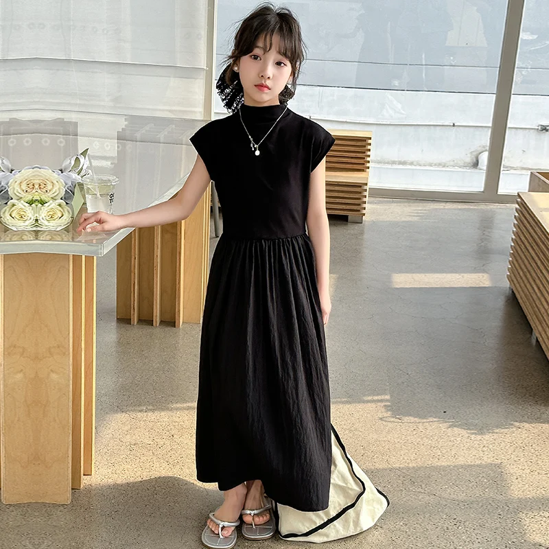 french design teenager girls long dress junior black Sleeveless high neckline pleats Princess dresses child kids formal clothes