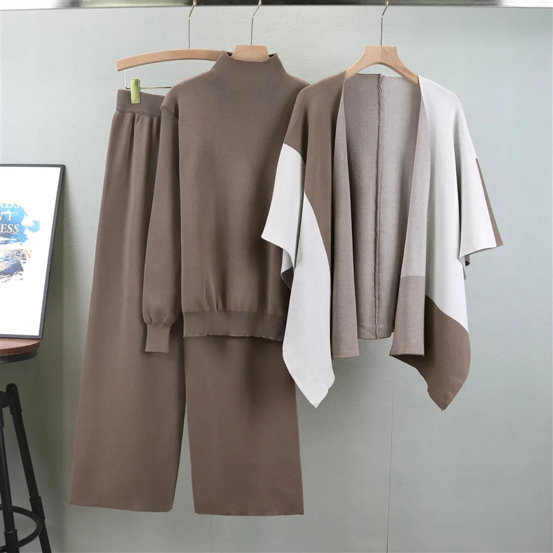 Casual Long Sleeves Knit Top Shawl Pants Suits Elegant Pullover Top Contrasting Colors Shawl Wide Leg Pants Three-Piece Sets