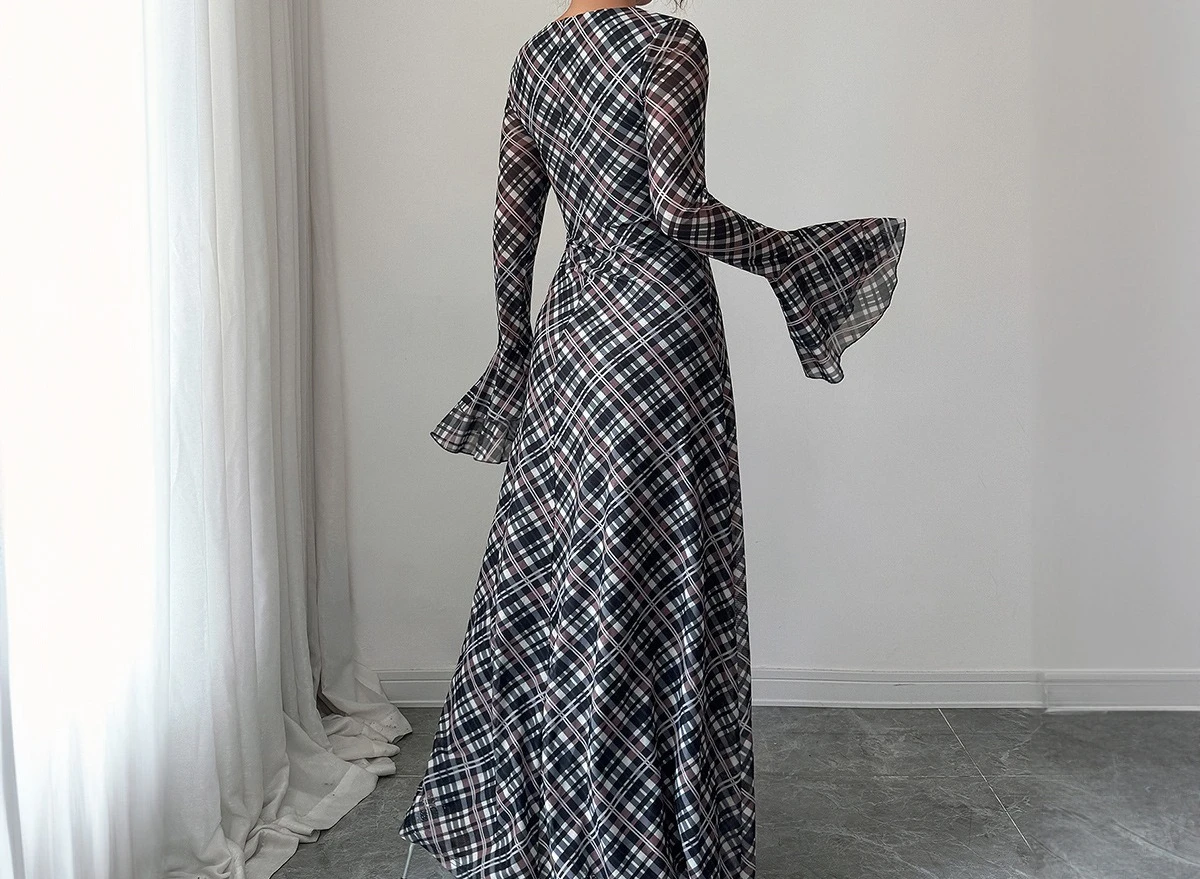 قميص منقوش أنيق بأكمام واسعة وتنورة معانقة الورك فستان نسائي لخريف وشتاء 2025 #4