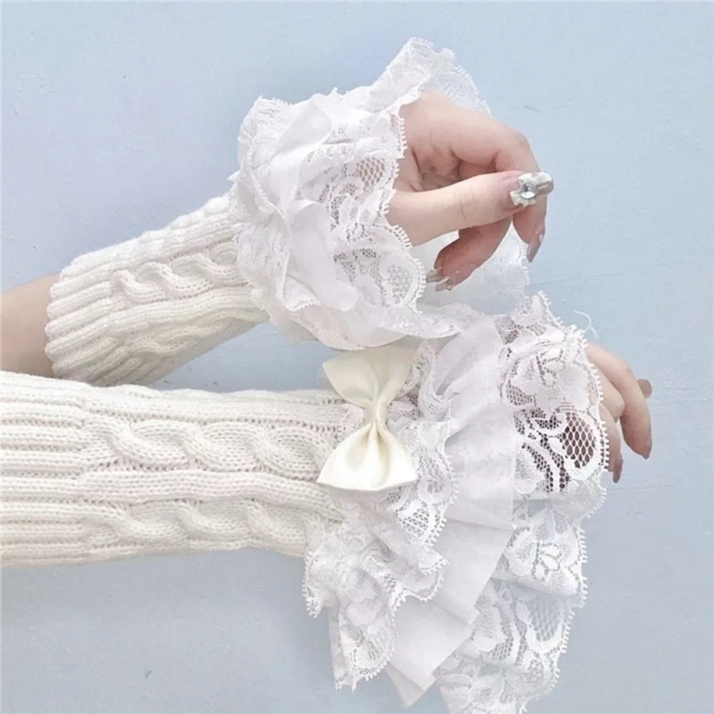 1 pair Lace Ruffle Hand Sleeves Mittens Detachable Knitted Arm Warmers Gloves Fingerless Style Stretchy False Sleeve Winter Wear