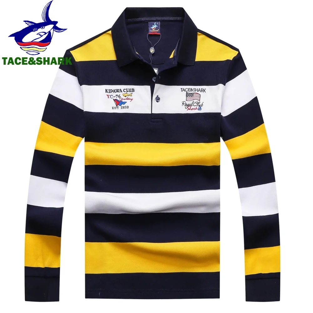 TACE&SHARK Fashion Brand Shark Long Sleeve Polo Ruby Blue Men Stripe Casual Business Polo Clothing for Men Cotton High Quality