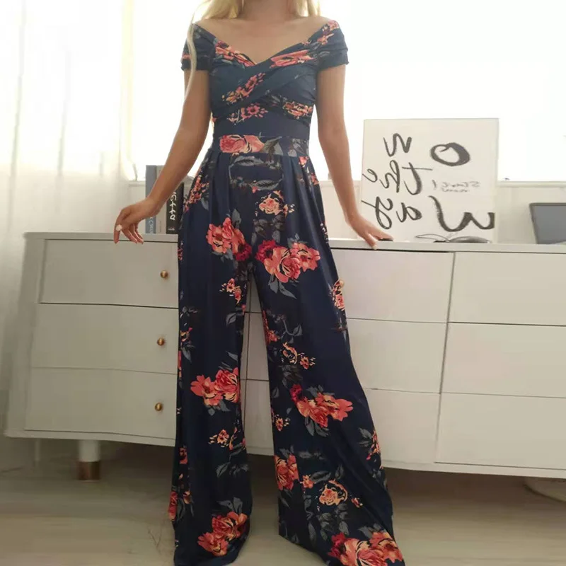 Macacão feminino estampado de pernas largas elegante com decote em v roupas de manga curta primavera e outono moda 2025