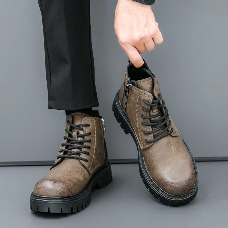 

Winter British-style casual high-top leather shoes for men in riding boots, versatile height-increasing leather ankle boots