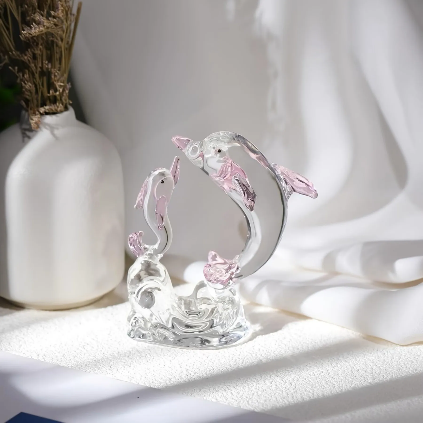 Crystal Pink Dolphin Pair - Handmade Glass Ocean Animal Decor, Home Office Desk Ornament, Birthday Gift for Women, Beach Room