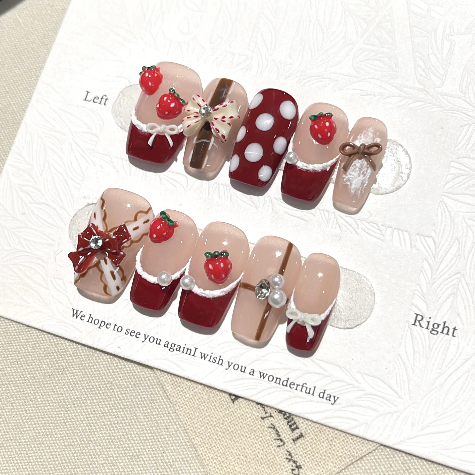 10PCS Original Handcrafted False Nails, Cute Red Nude Press On Nails with 3D Strawberry Bow Pearl Nail Art Tips