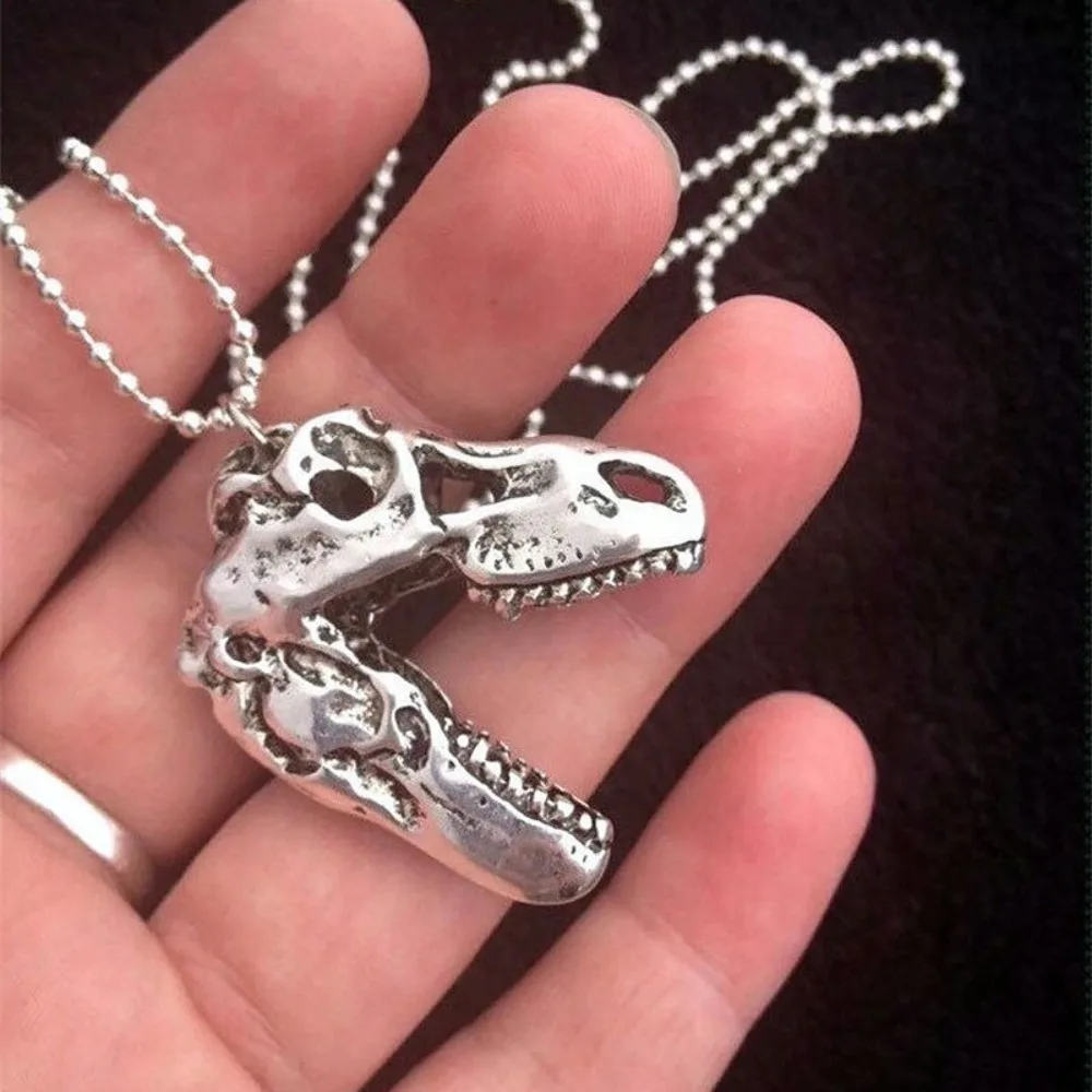 Personality Punk Silver Color Stereo T. Rex Dinosaur Skull Pendant Necklace for Men Women Hip-hop Rock Jewelry Accessories Gifts