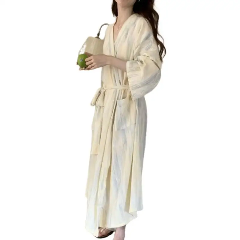 Mulheres impressas robe pijamas jovens meninas sexy solto roupão de manga comprida lazer wear quatro estações roupas para casa camisola nova