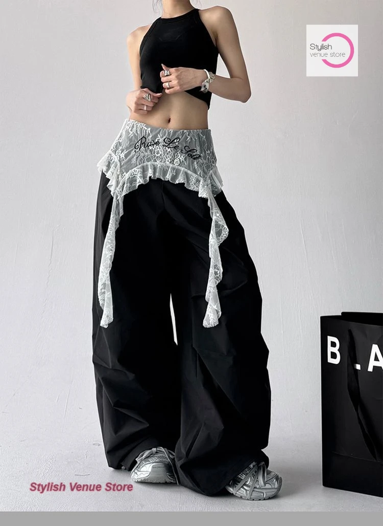 American fashion Joker lace stitching loose fart curtain casual pants women's summer temperament casual fake two wide-leg pants