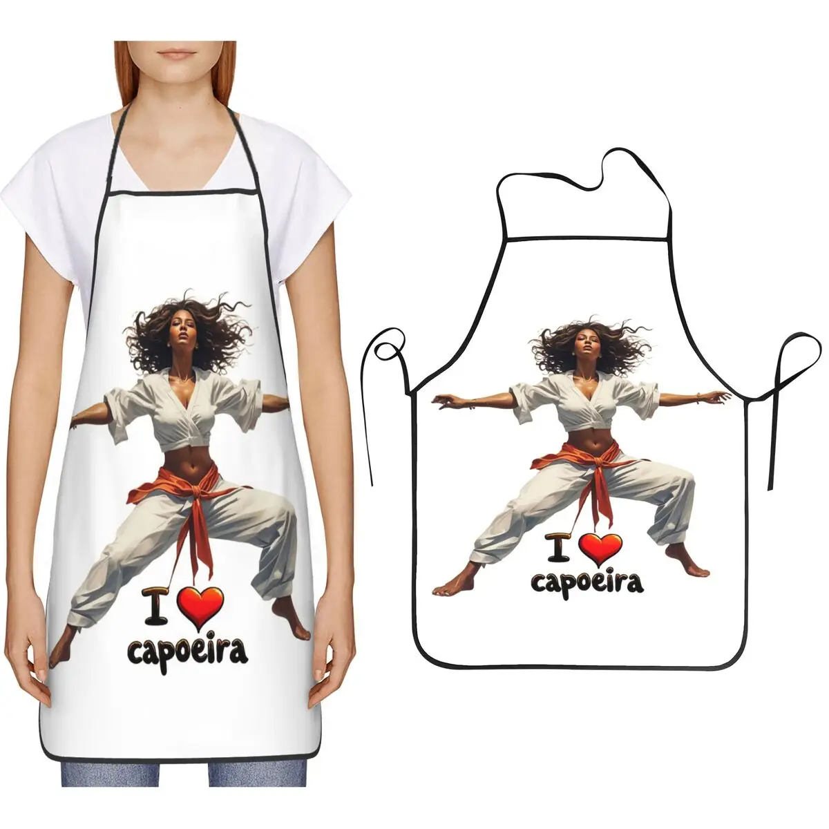 Avental de Cozinha com Design Dinâmico de Arte de Capoeira 'Eu Amo Capoeira' para Culinária, Limpeza e Uso Geral, para Mulheres e Homens