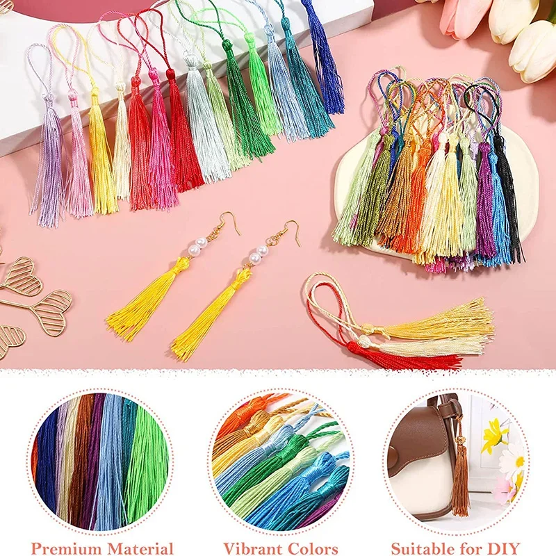 100Pcs Bookmark Tassels 13cm Handmade Silky Tassel Soft Craft Mini Tassels with Loops for Jewelry Making DIY Craft Accessories